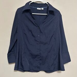 Cato Button Down Blouse Women's L Navy Blue Excellent 3/4 Sleeve V-Neck Casual